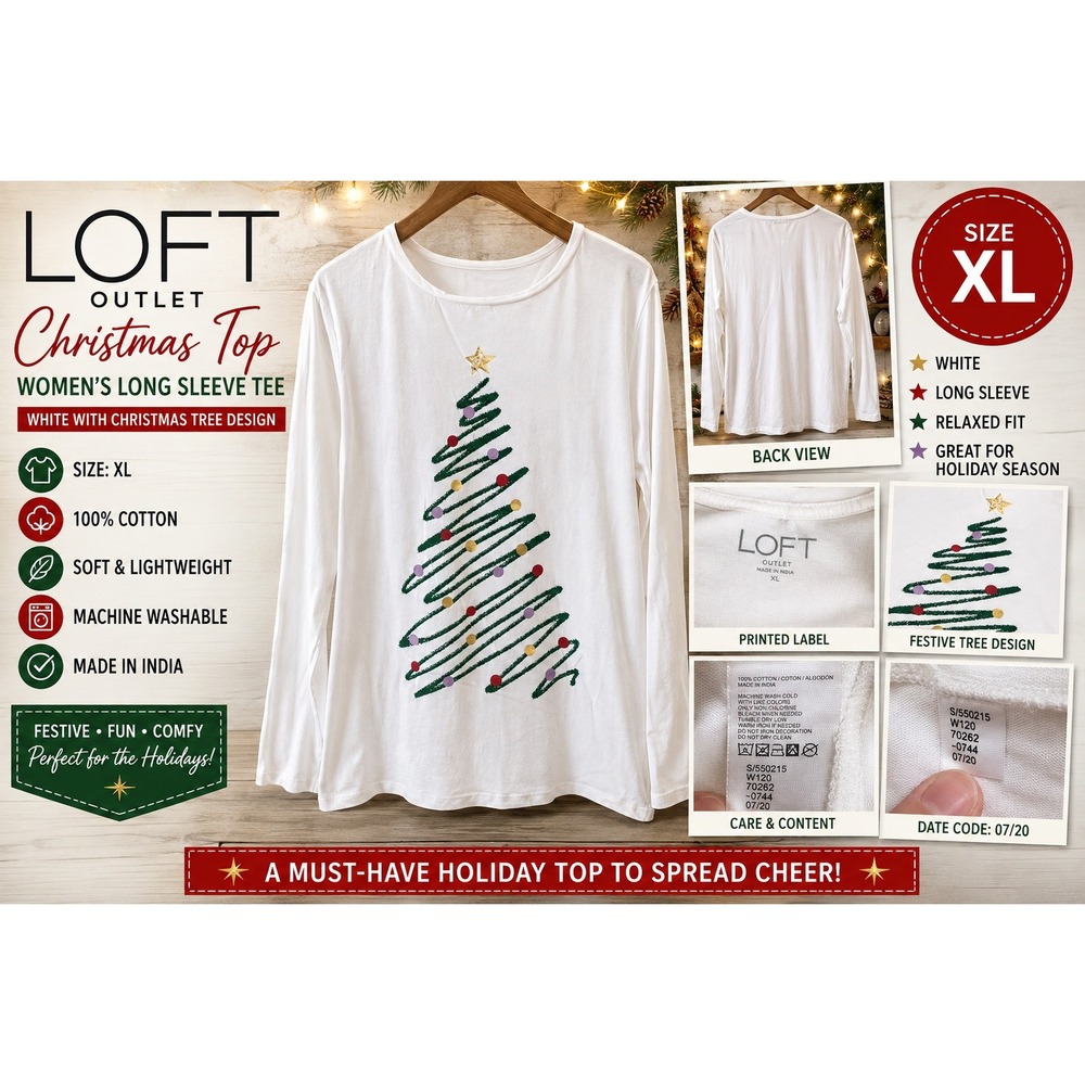 LOFT Outlet Womens XL Christmas Tree Long Sleeve Graphic Tee White Cotton W120